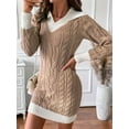 thumbnail image 4 of Womens Cable Knit Mini Sweater Dress V Neck Long Sleeve Preppy Color Block Pullover Tunic Sweaters Khaki M, 4 of 9