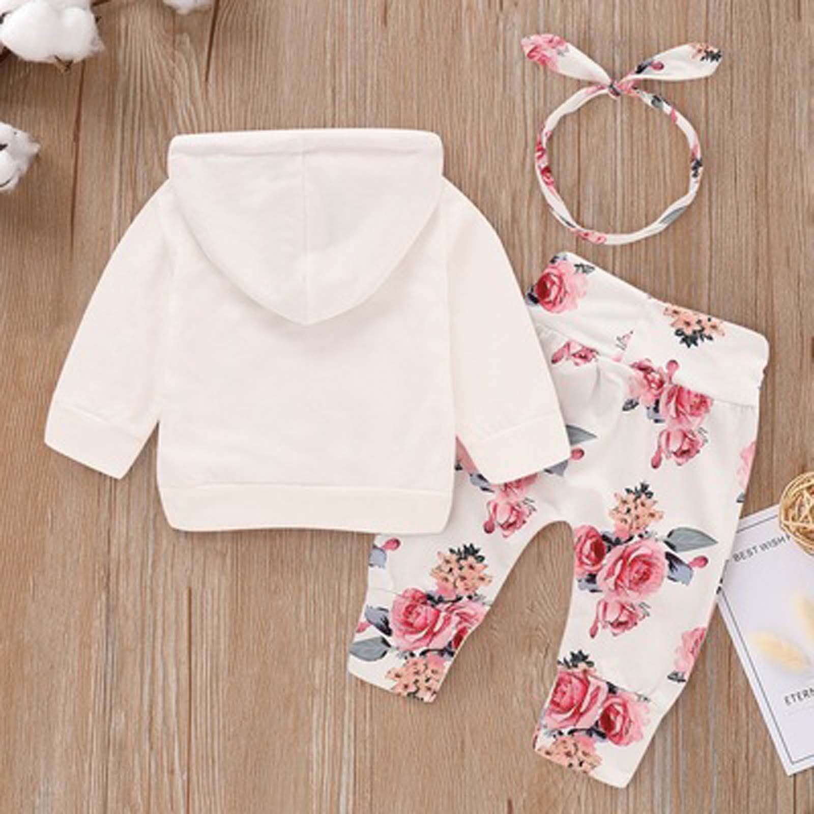 Baby Girl Clothes Newborn Infant Floral Hoodies with Pocket Sweatshirt Pants Headband Outfits Set