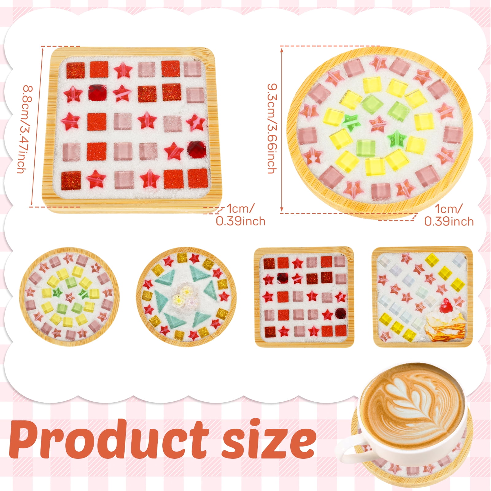 Austok 4Pcs DlY Mosaic Tile for Craft Mixed Color Glass Tile Kit with Bamboo Cup Pad for Adult DlY Cup Pad Kit Mosaic Supply for Handmade Home Decoration Present (Square and Round)