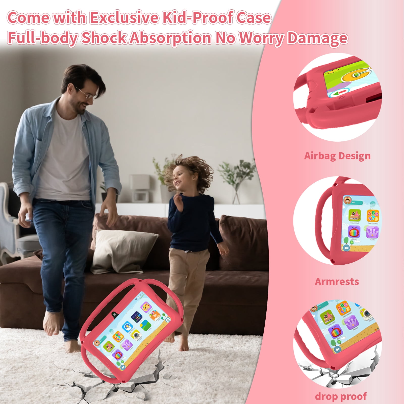 Kids Tablet 7 inch Android 11, 6GB RAM 32GB ROM, 512GB Expandsion, with Parental Control, WiFi, Bluetooth, Dual Camera with Silicone Case, 1PCS(red)