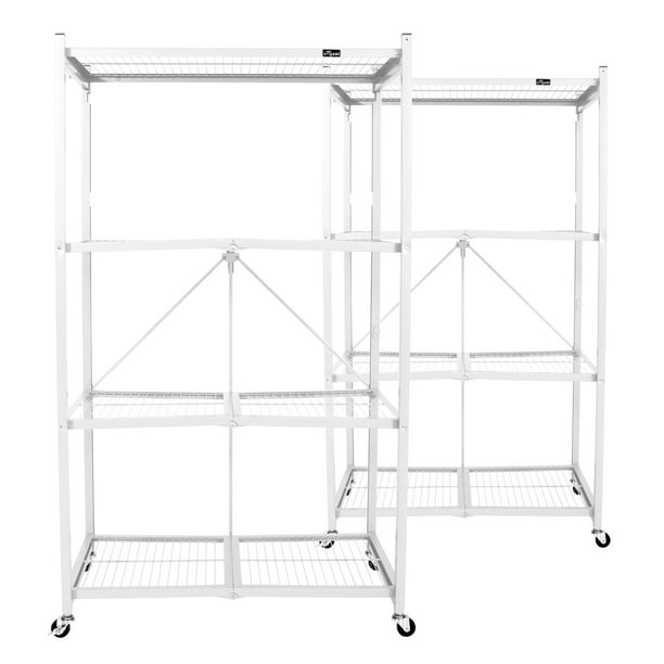 Origami Wheeled 4Shelf Folding Steel Wire Shelving, White, 2 Pack (21