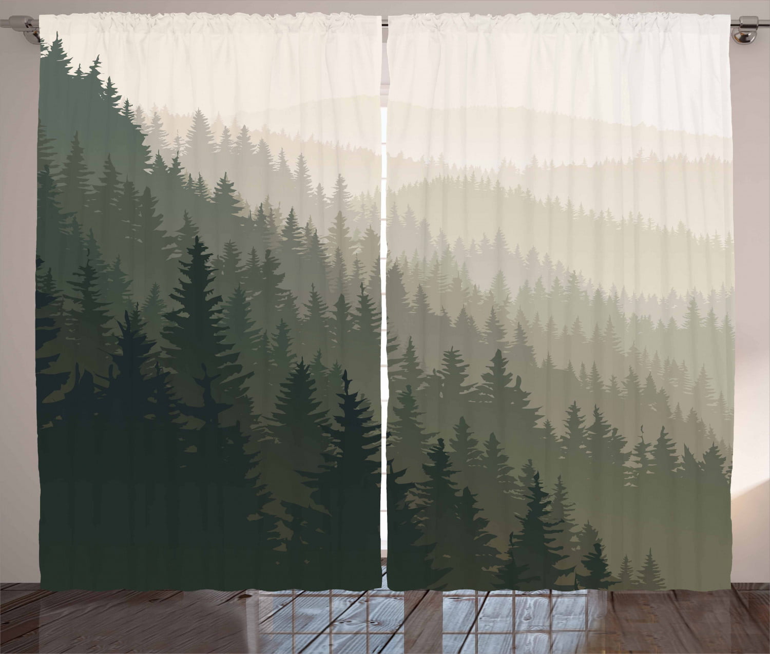 3D Blackout Drapes Fabric Window Curtain Woodland Fog Sunlight Forest Trees 