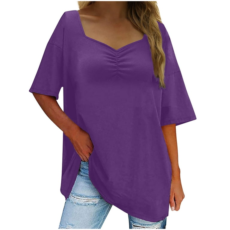 YYDGH Women's Casual Shirred V-Neck Top Ruffle Short Sleeve Shirts Basic  Pleated Top Purple XXL 