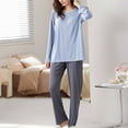 thumbnail image 2 of 2 Piece Pajamas Sets for Women Long Sleeve Round Neck Stripes Casual Loose Tops with Pants Comfy Loungewear Sets Sleepwear Blue,XL, 2 of 5
