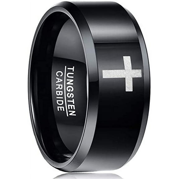 10mm Men's Black Tungsten Wedding Band Rings Laser Cross Pattern Beveled Edge Polished Finish Comfort Fit Size 7-12