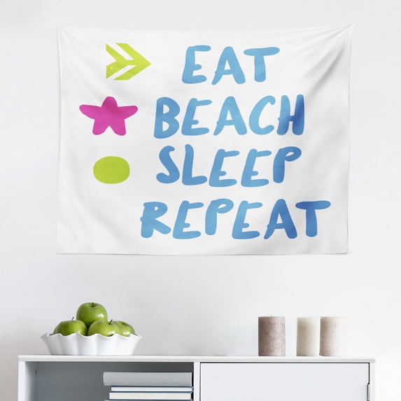 Saying Tapestry, Positive Message on Alarm Clock Wake up and Be, Fabric Wall Hanging Decor for Bedroom Living Room Dorm, 2 Sizes, Sky Blue Dark Coral, by Ambesonne