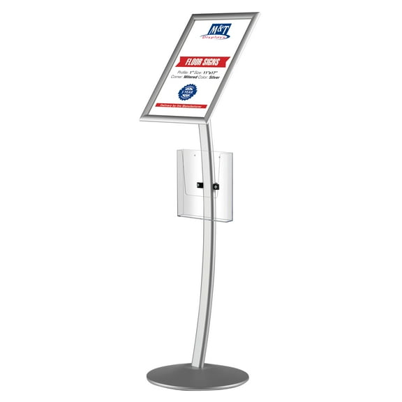 M&T Displays Curved Menu Board, 11x17 Inch Pedestal Sign Holder with 8.5x11 Inch Brochure Holder Silver Floor Standing Aluminum Front Loading Easy Open Poster Message Advertisement Post
