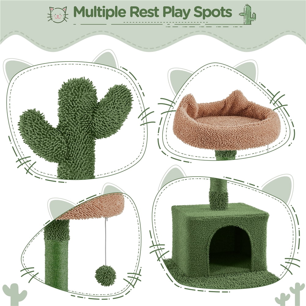 Yaheetech 62.5'' Multi-Level Cactus Cat Tree with Perch, 2 Condos & Hammock, Green/Brown