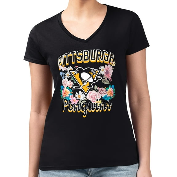 Women's G-III 4Her by Carl Banks Black Pittsburgh Penguins Super-Slim Fit Lightweight Flower Logo V-Neck T-Shirt