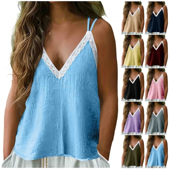 Ihhxva Women's Spaghetti Strap Tank Top Loose Fit Lace Trim Cami V-Neck Sleeveless Summer Casual Cotton Flowy Layering Beach Essential S-2XL