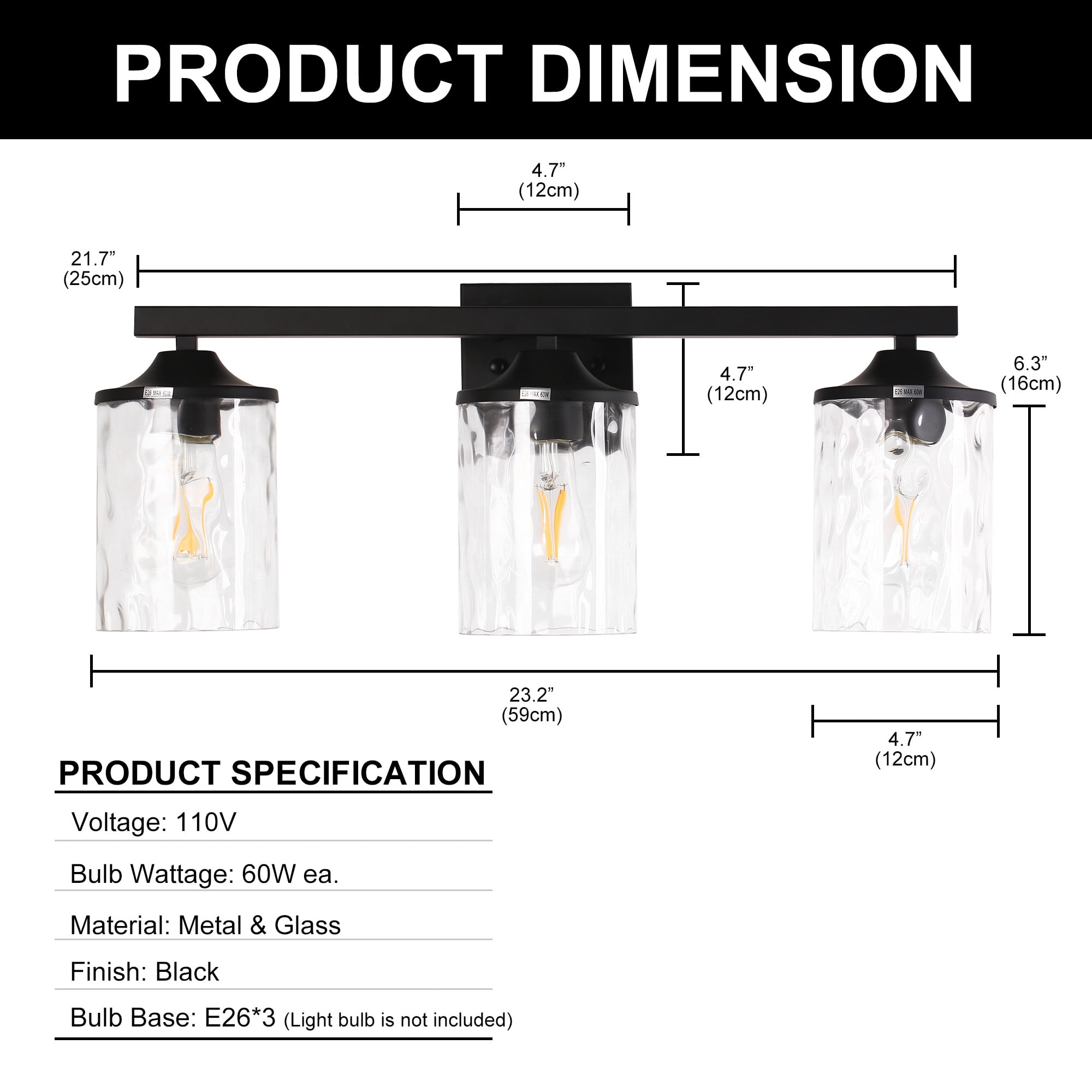 YANSUN 23.2 in 3-Light Vanity Mirror Light Bar, Black Light Fixture with Clear Stone Glass for Bathroom, Makeup Vanity, Dressing Room