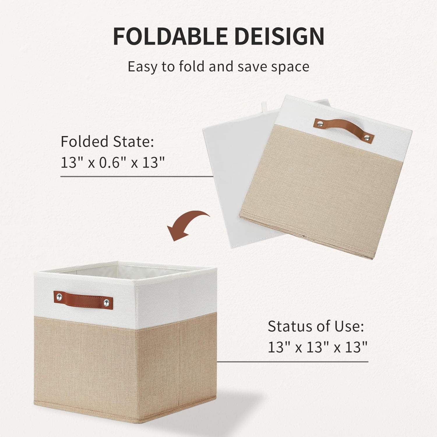 ENLOY Fabric Cube Storage Organizer Bins, 13x13 inch - 4 Pack Foldable Storage Cube Bins for Shelves, Large Capacity Storage Boxes with Leather Handle
