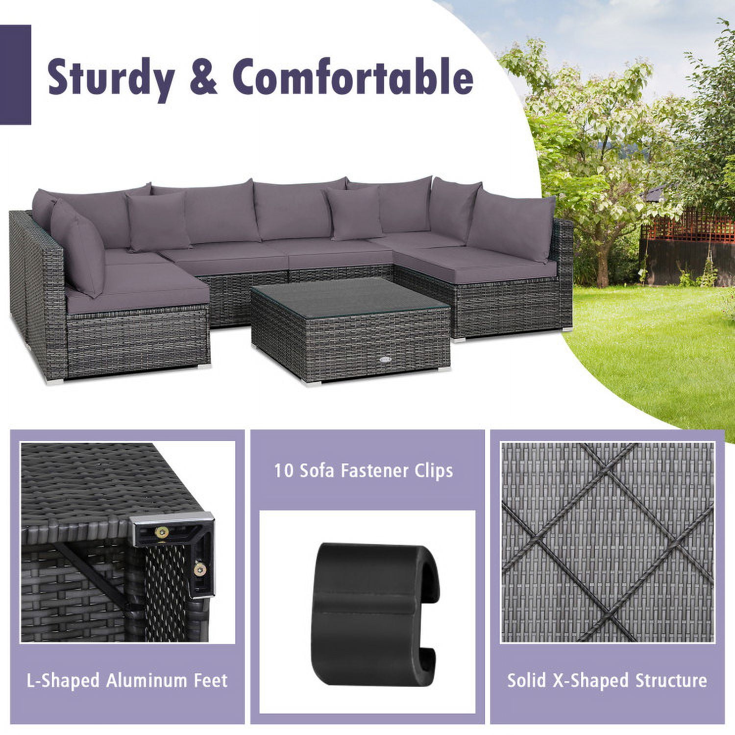 Aimee Lii 7 Pieces Patio Rattan Furniture Set Sectional Sofa Garden Cushion, Outdoor Patio Set, Gray