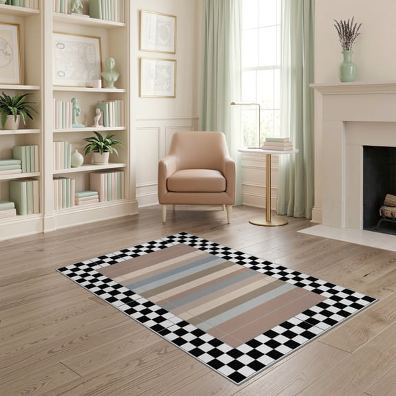 ODIKA Plaid Striped With Farmhouse Checkerboard Border Accents Buffalo Flowing Dynamic Pet Friendly & Kids Safe Play for Playroom, Bedroom, Reading Nook