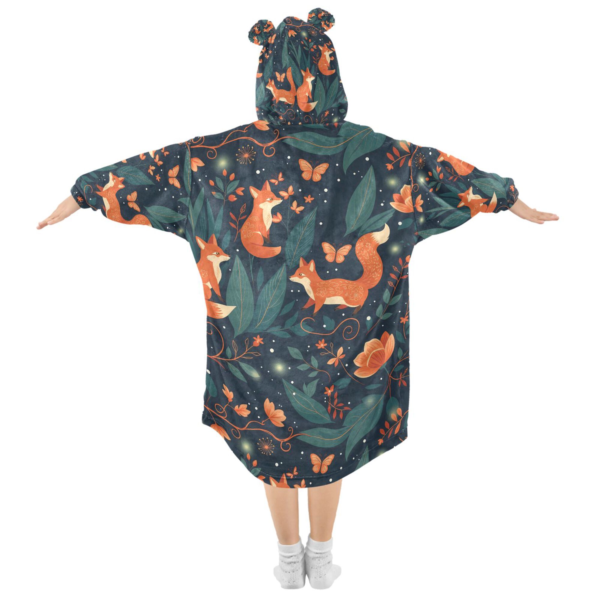 FORMRS Wearable Blanket Hoodie with Sleeves for Kids Cozy Flannel Sweatshirt, Whimsical Foxes Pattern