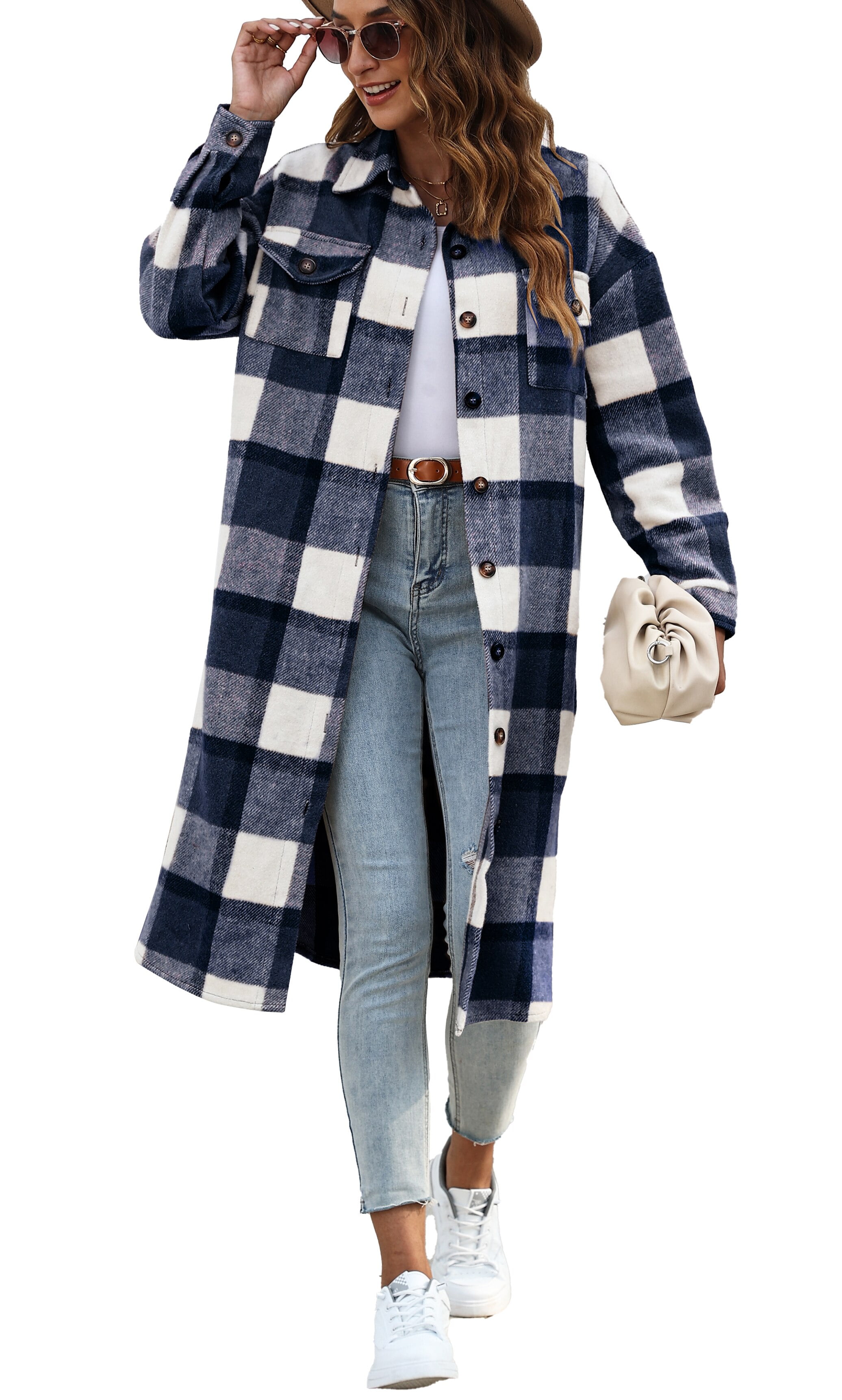 Fantaslook Flannel Shirts for Women Button Up Plaid Shirt Long Pocketed Shacket  Jacket Coat 