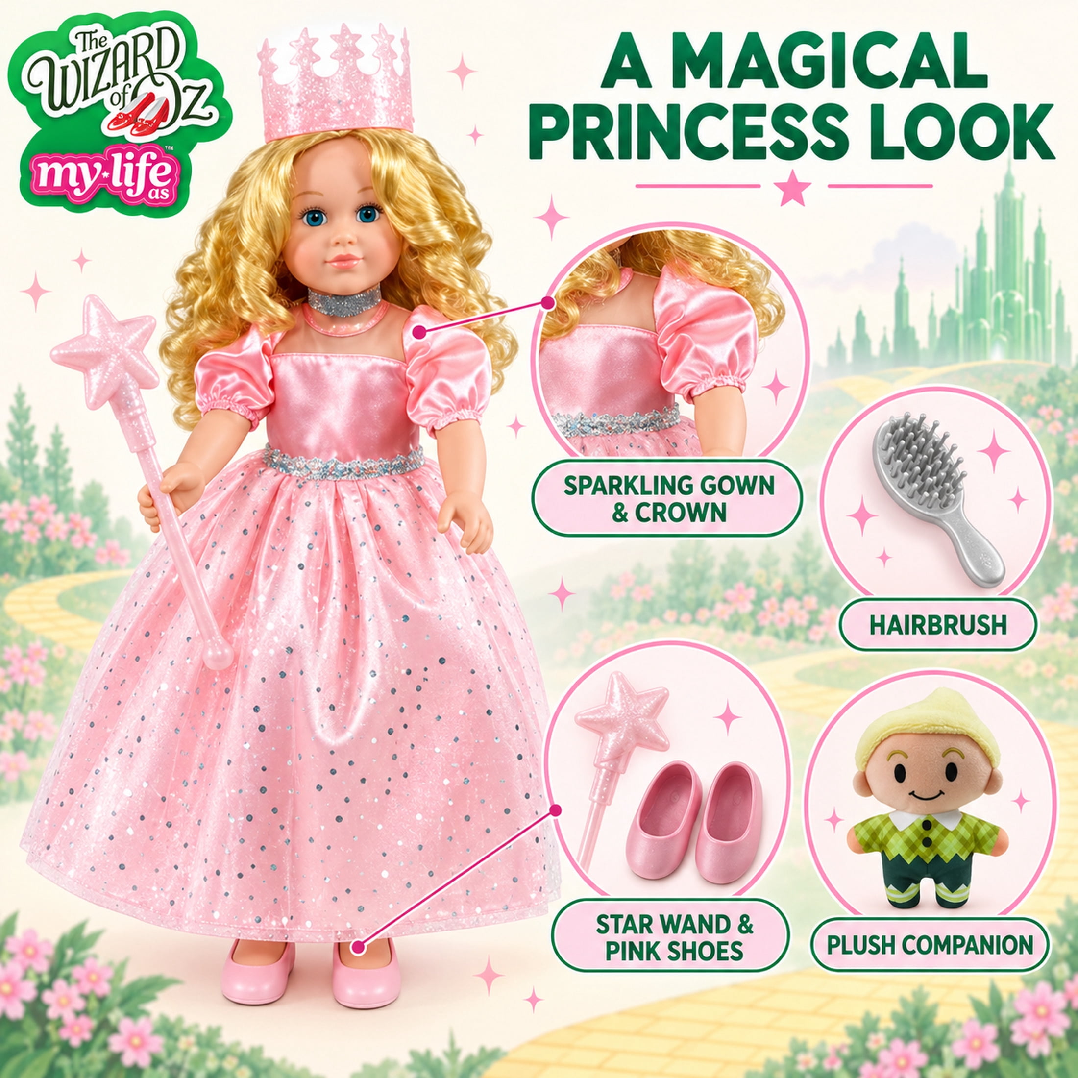My Life As The Wizard of Oz Glinda Good Witch 18-Inch Posable Doll with Blonde Hair, Blue Eyes, Light-Up Wand, Crown & Plush Lollipop Boy