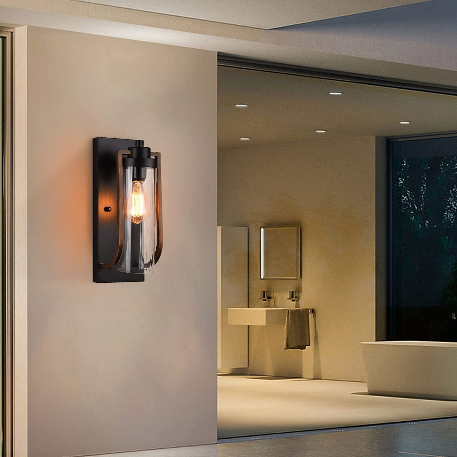 Modern Farmhouse Wall Light Fixture Wall Sconce, Outdoor Black and Gold Aged Brass Exterior Lantern Sconce Lighting, Porch Lights Wall Mount, Bathroom Light Fixtures Wood Grain Finish(E26 Base)