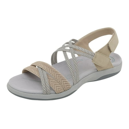 

ZHAGHMIN Womens Fashion Sandals Size7 Women S Comfortable Low Wedge Sandals Soft Sole Comfortable Open Toe Slip On Strappy Flat Sandals with Hook Loop Beige