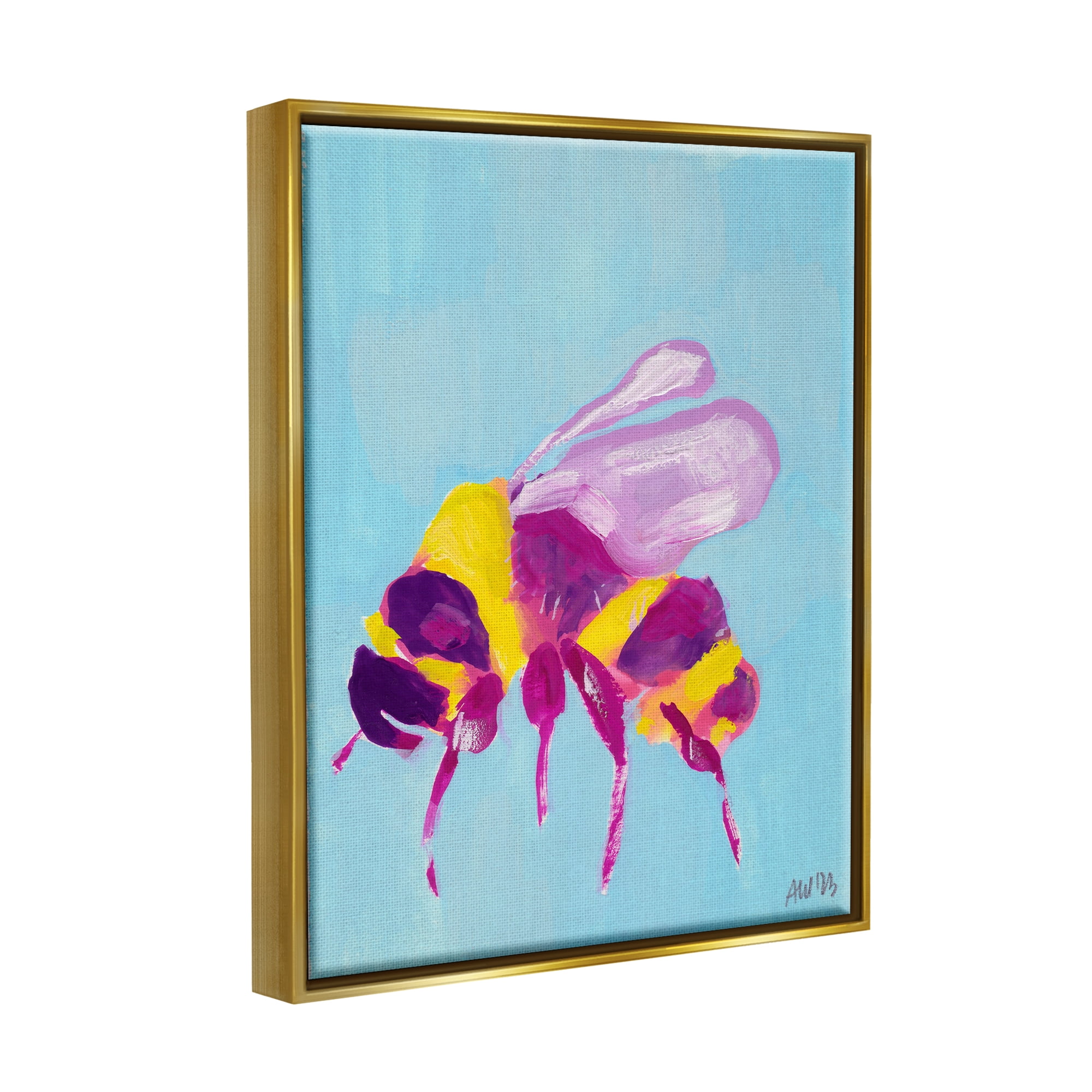 Stupell Industries Honey Bee on Blue Animals & Insects Painting Gold Floater Framed Canvas Art Print Wall Art, 25 x 31