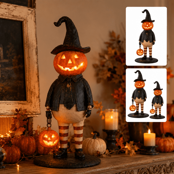Halloween Pumpkin Witch Lamp Figurine with Lighted Jack O Lantern, Vintage Witch Statue Tabletop Halloween Decor, 1 Piece