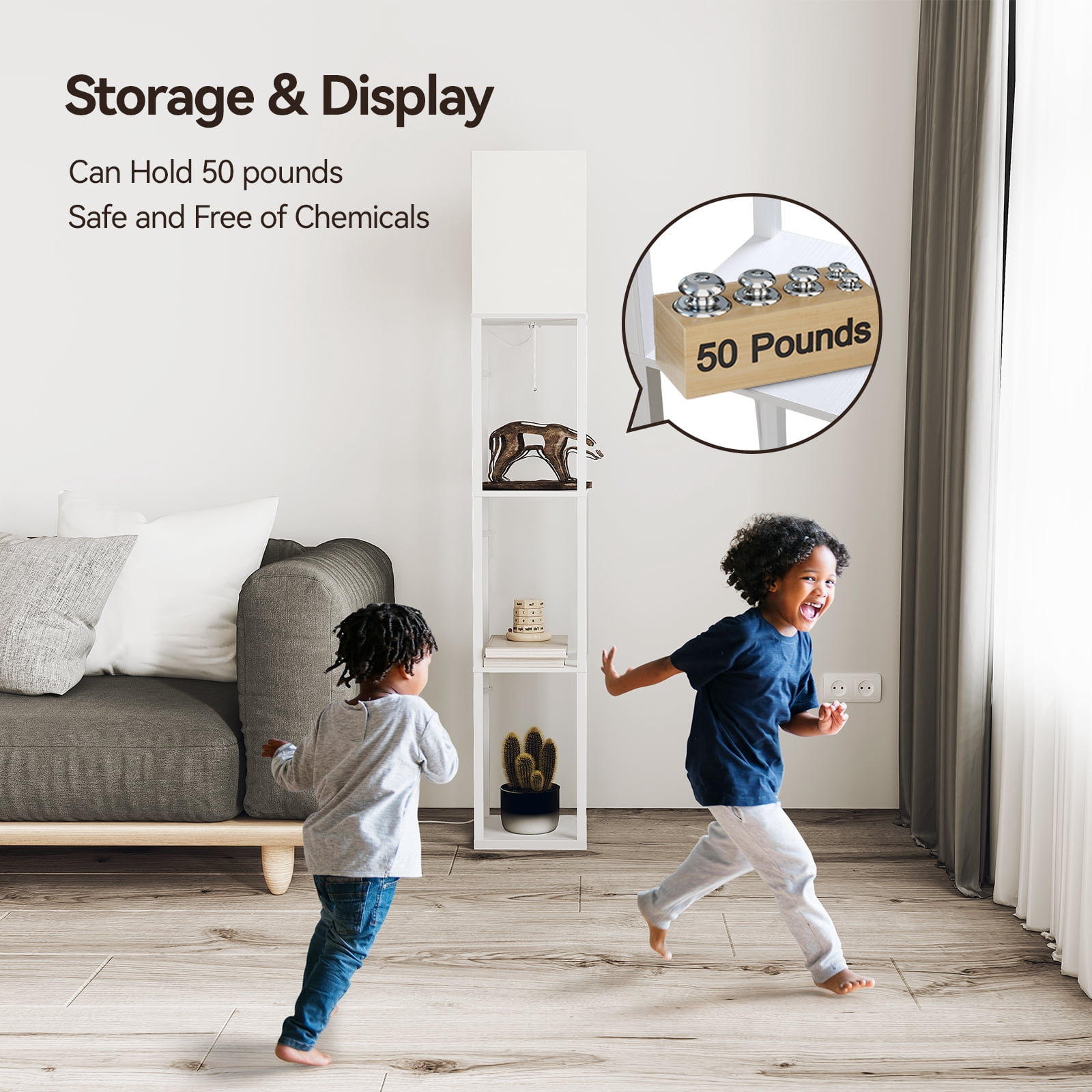 SUNMORY 63'' White Floor Lamp with Shelves, LED Standing Lamp 1000 Lumens, Shelf Floor Lamp for Living Room, Modern Lamp for Bedroom, Lamp with Storage Dustproof, Standing Light, UL Certified, White
