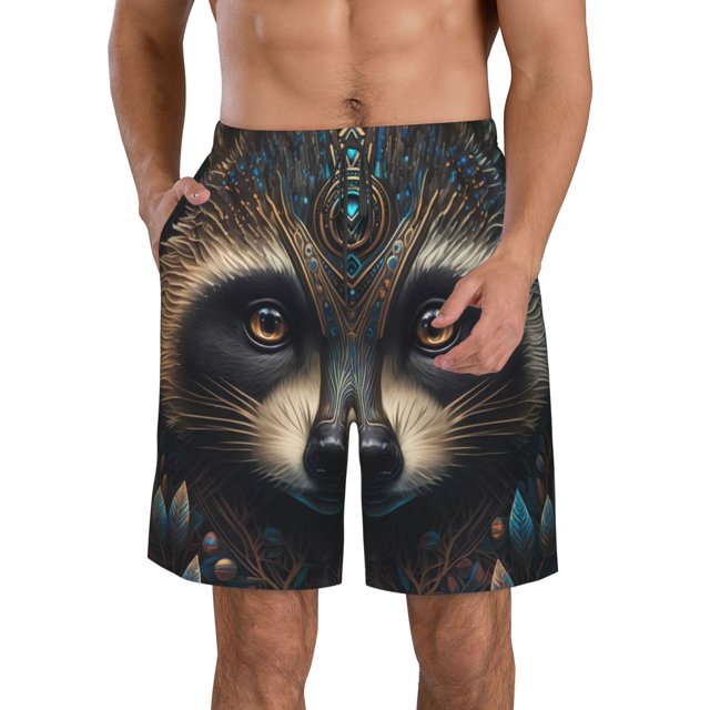 Balery Tribal Style Raccoon Traje de Baño Estilo Hawaiano para Hombre, Shorts de Secado Rápido con Bolsillos-Medium