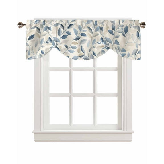 Tie Up Valance Curtain for Kitchen,Blue Leaves on Vintage Rod Pocket Short Curtains Adjustable Tie-Up Shade Valances,Spring Botanical Window Treatment for Bathroom Bedroom