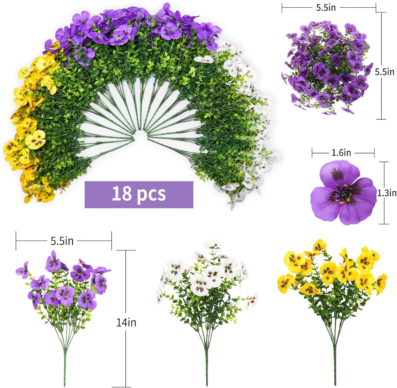 18 Bundles Artificial Pansy Flowers for Outdoor, UV Resistant Fake Flowers, Artificial Plants, Silk Faux Fowers for Outdoor Planters Home Garden Office Patio Front Porch