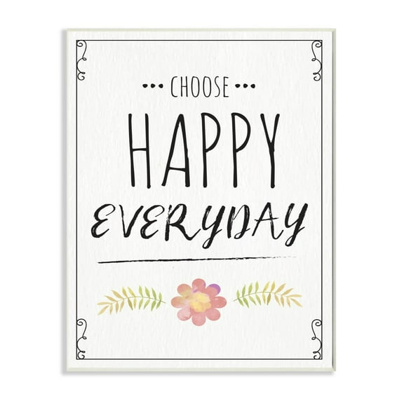 The Stupell Home Decor Choose Happy Everyday Pink Flower Black and White Wood Look