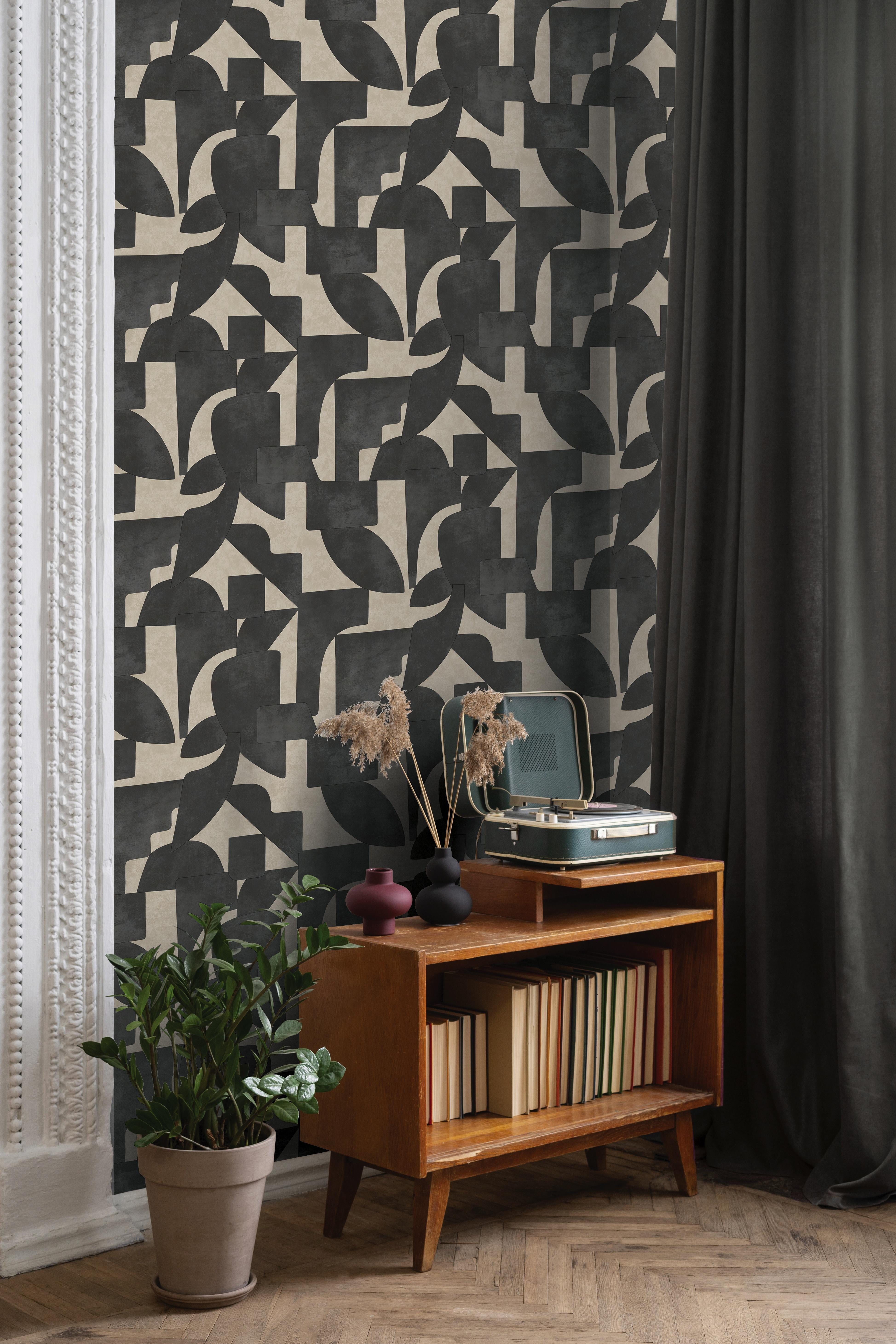 Cream Charcoal Modern Asbtract Geometric Wallpaper