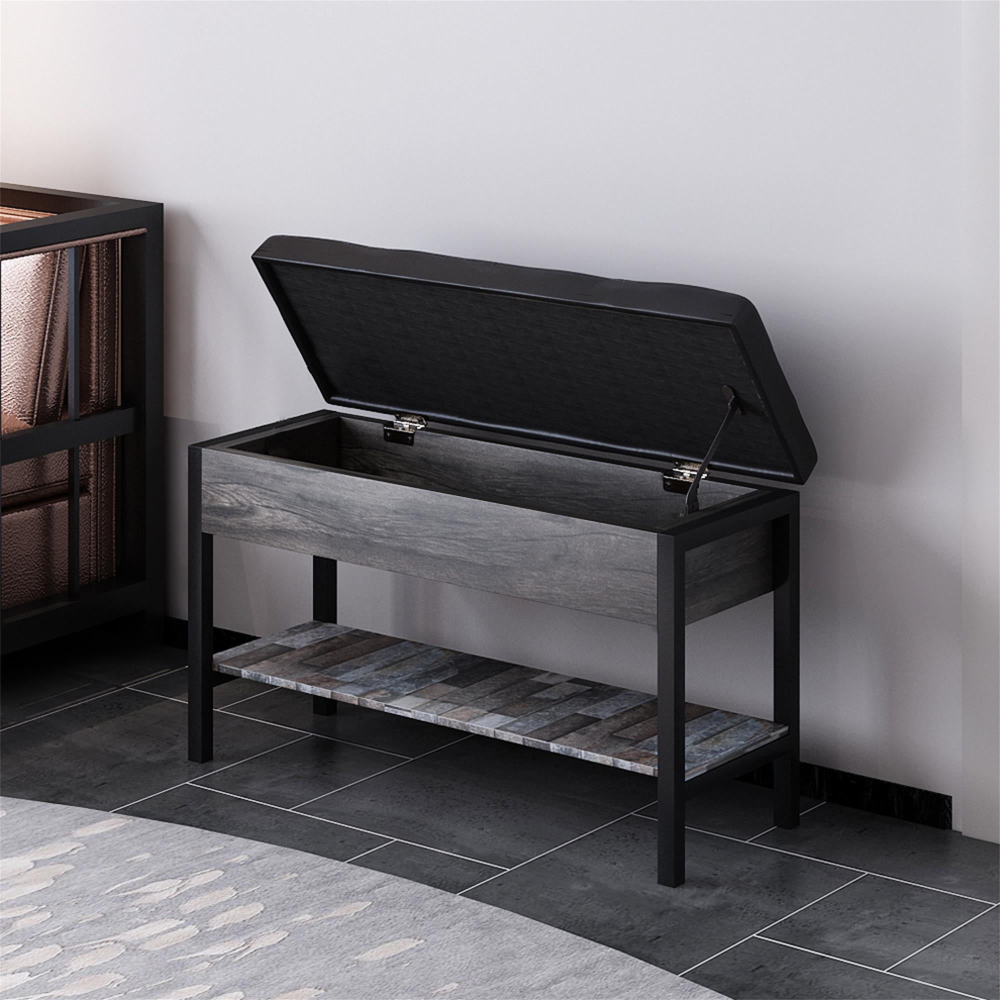 Finihen Storage Bench, Entryway Shoe Bench with Flip-Open Storage Box, End of Bed Ottoman Bench with Storage Shelf and Padded Seat for Bedroom, Hallway, Black