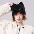 thumbnail image 2 of Aviator Style Knit Hat with Cat Ears, Fleece Lined Beanie with Attached Fake Sunglasses, Trendy and Humorous Cold-Weather Accessory for Ski Resorts and Parties. Black, 2 of 5