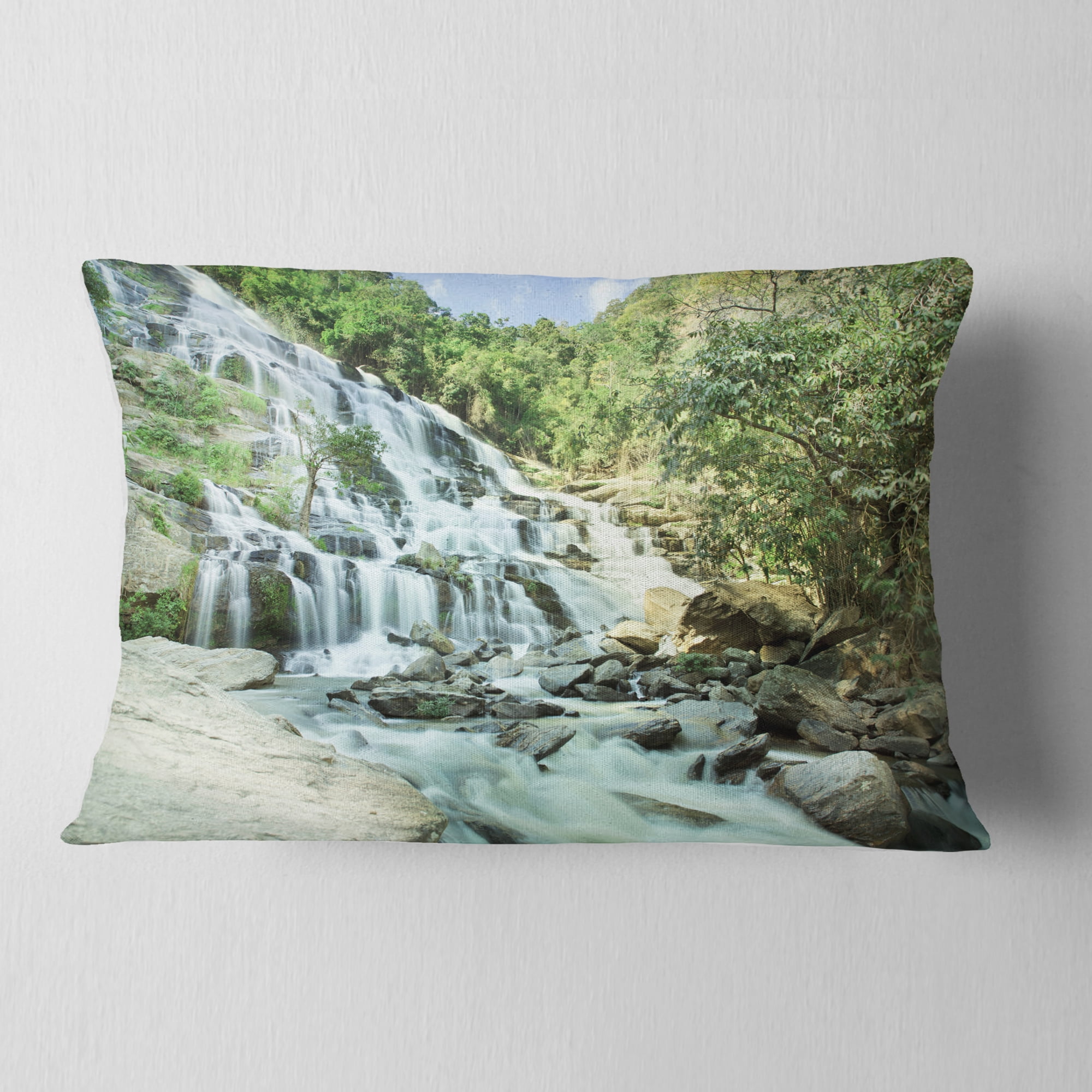 Designart Maeyar Waterfall in Rain - Landscape Photography Throw Pillow - 12x20