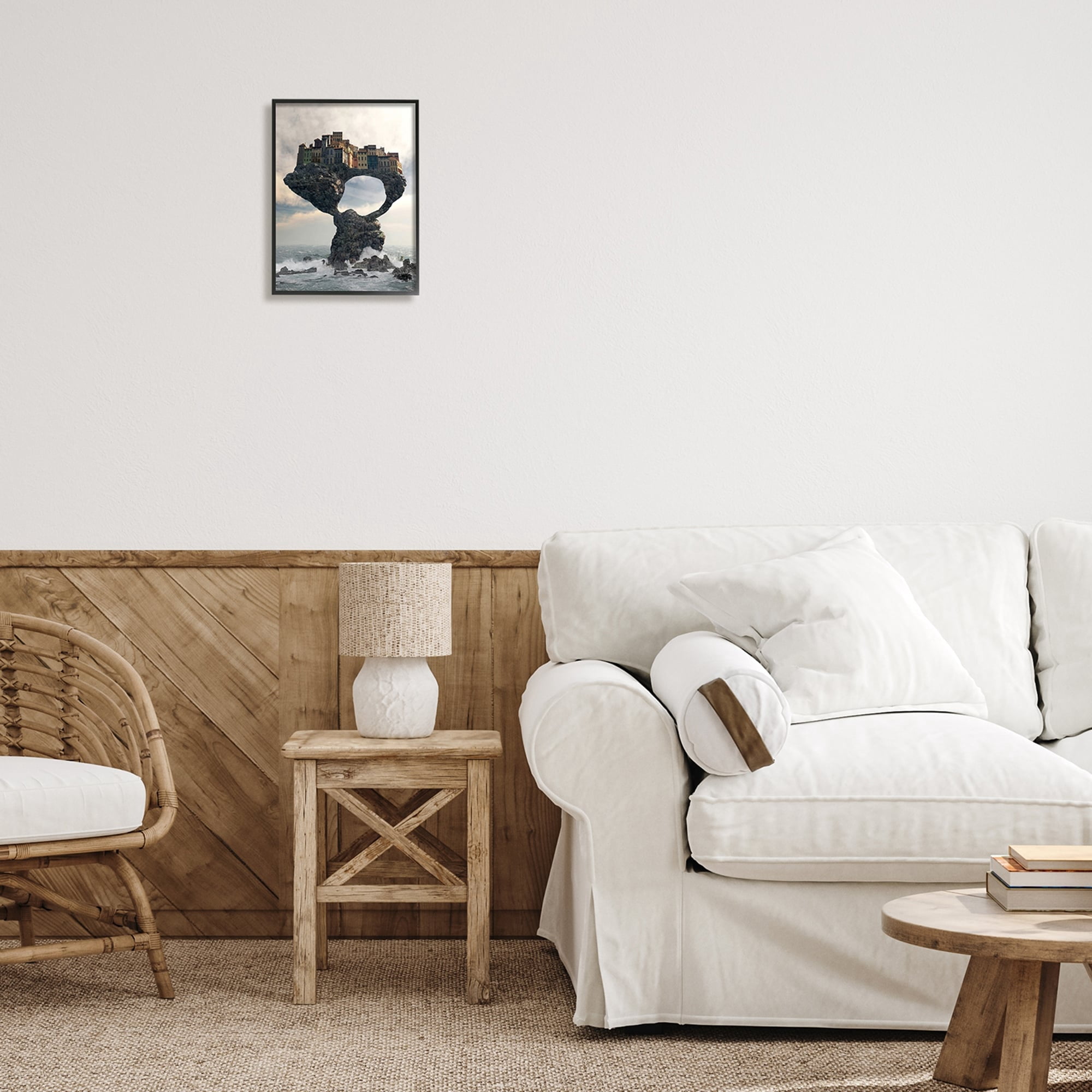 Stupell Industries Surreal City Atop Rocks Cliff Sea Waves Splashing Framed Wall Art, 11 x 14, Design by Cynthia Decker