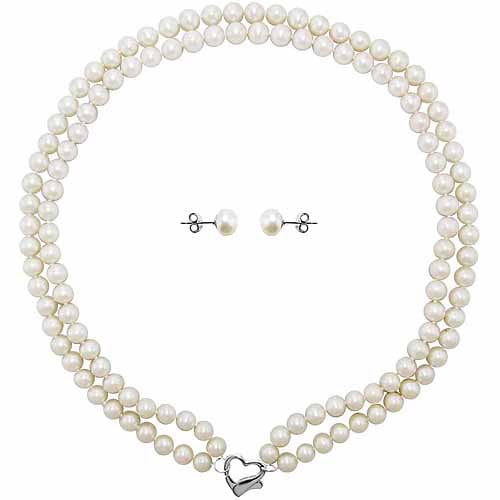 Double Row 7-8mm White Freshwater Pearl Heart-Shape Sterling Silver Clasp Necklace (18") with Bonus Pearl Stud... by Jacqueline's Collection