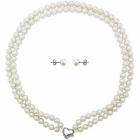 Double Row 7-8mm White Freshwater Pearl Heart-Shape Sterling Silver Clasp Necklace (18) with Bonus Pearl Stud Earrings