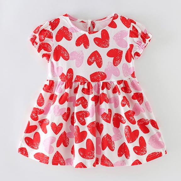 CUZIBR Toddler Dresses Heart Print High Waist Pleated A Line Short Sleeve Round Neck Soft Breathable Casual Loose Fit Party Fashionable Cozy Summer Sundress Prom Dresses,Red,2-3 Years