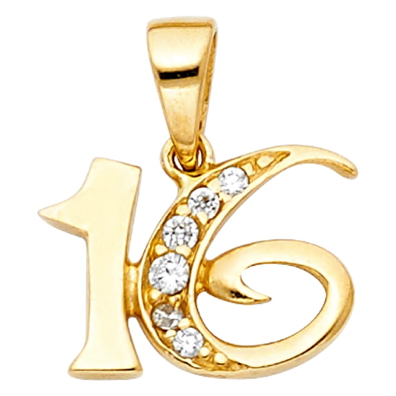 14k Yellow Gold Sweet Sixteen Pendant 16 Years Old Clear Cubic Zirconia Number Charm Jewelry Female