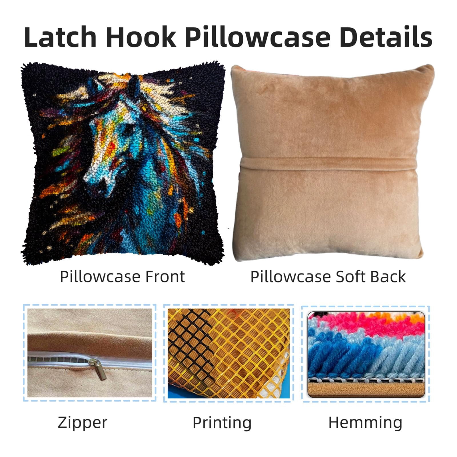 Pigment Colorful Animal Horse DIY Latch Hook Pillow Kits for Adults Printed Pillowcase Crochet Yarns Hooking Handmade Pillow Cover Cushion for Home Sofa Decoration 17x17inch