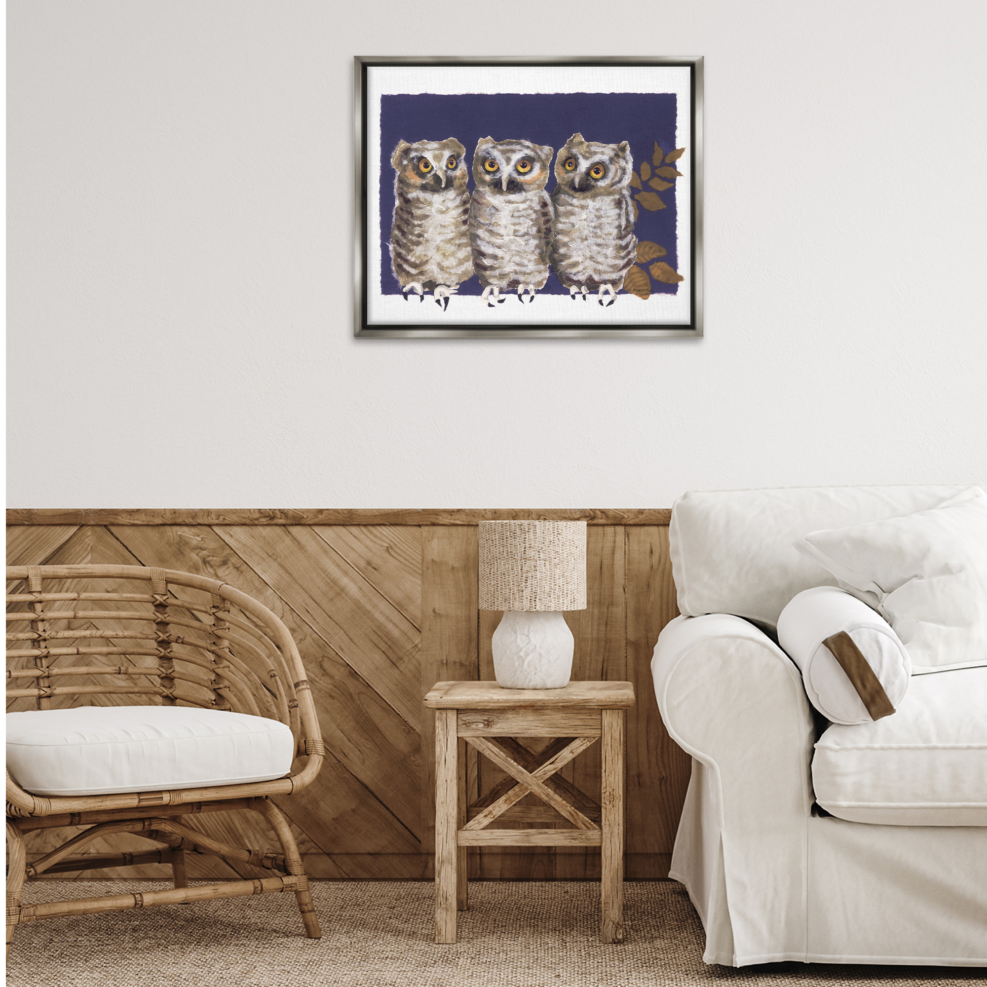 Stupell Industries Owl Trio & Leaves Animals & Insects Painting Gray Floater Framed Canvas Art Print Wall Art, 31 x 25