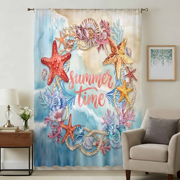 Summer Nautical Sheer Curtains 84 Inches Long, Ocean Beach Waves Marine Starfish Coral Shell Light Filering Curtains, Breathable Simi Curtain Privacy Drapes for Living Room Bedroom Window Treatment