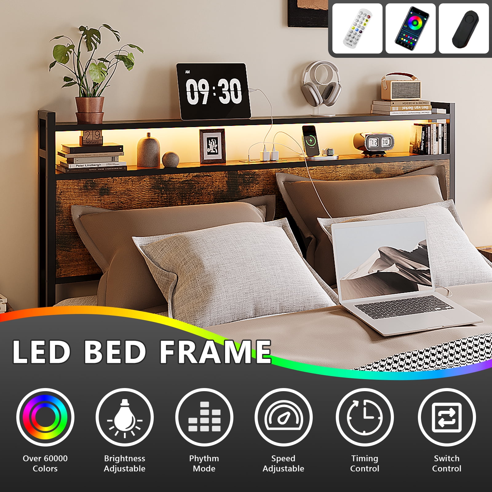 Zimtown Full Bed Frame with 2-Tier Storage Headboard, Metal Platform Bed Frame with 4 Storage Drawers, Built in Charging Station & LED, Vintage Brown