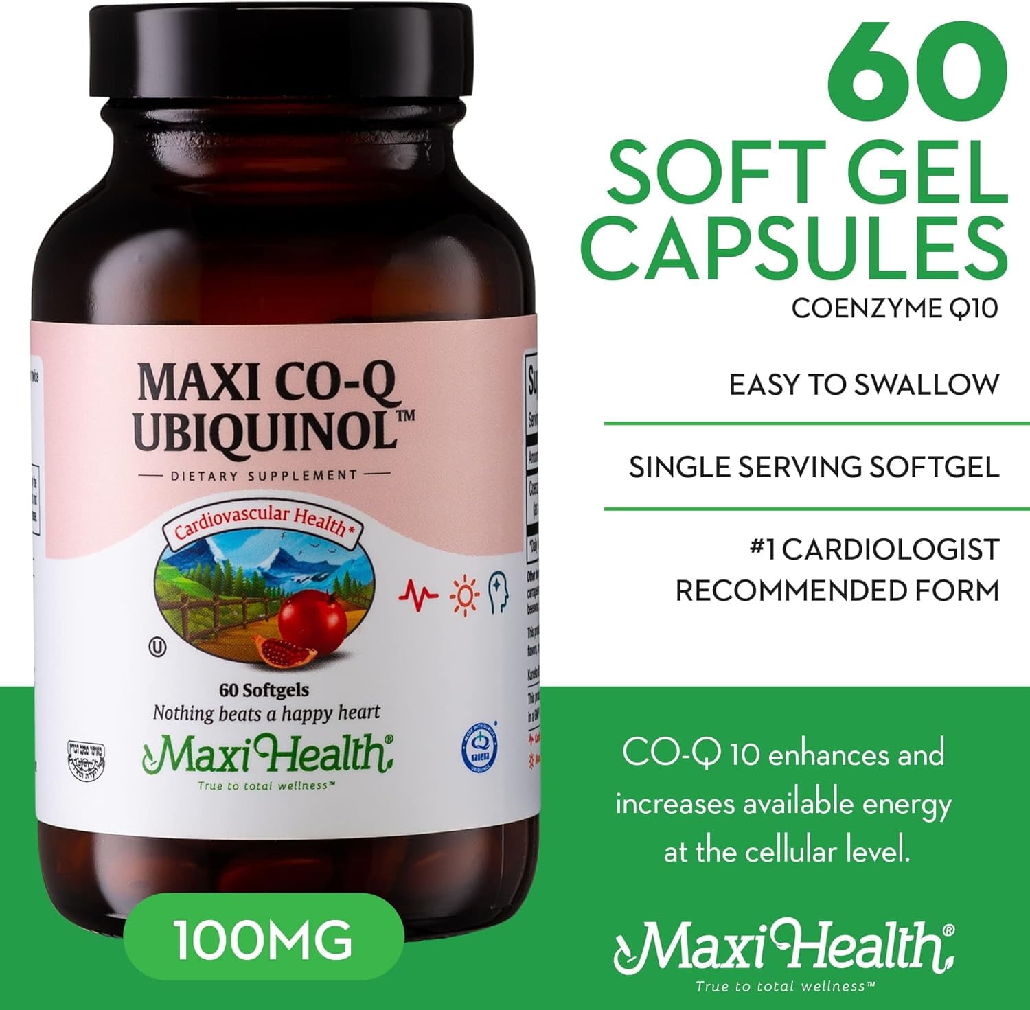 Maxi Health CoQ10 Ubiquinol 100mg – Dietary Supplement for Cardiovascular & Cellular Energy – 60 Softgels