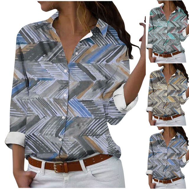 Fiudx Ropa de Mujer Camisa con Botones de Solapa Estampada de Serie Informal Regular de Manga Larga para Mujer