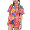 thumbnail image 2 of RKSTN Girls Ensembles pour Filles, T-Shirts à Col Rond à Manches Courtes à Imprimé Floral Coloré avec Shorts, Grande Enfant, Ensemble Pièce Two (Rose Vif, 3-4 Ans), 2 of 6