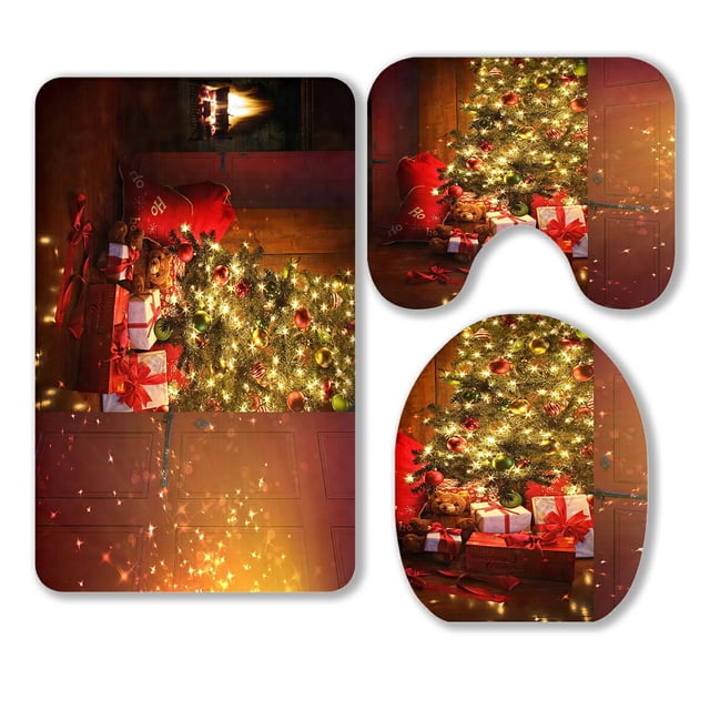 ABPHQTO Juego de alfombras de baño de 3 piezas con escena navideña con regalos de árbol y fuego, alfombra de baño, alfombrilla de contorno y cubierta de tapa de inodoro
