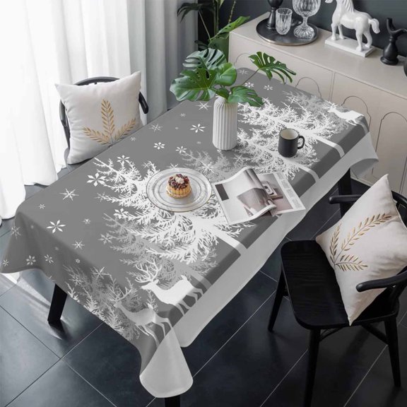 Grey Christmas Table Cloth Waterproof Tablecloths, Xmas Tree Snowflake Elk Tablecloth Dining Table Cover for Kitchen Party Tabletop Outdoor, Rectangle Tablecloth 60x120 Inch