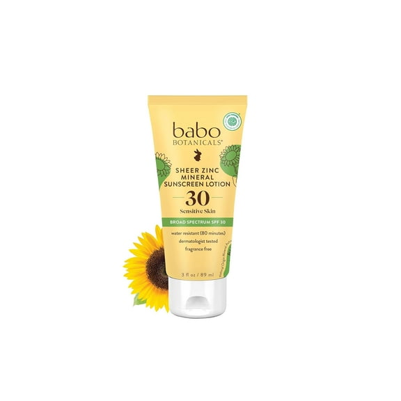 Babo Botanicals Zinc Sunscreen Lotion SPF 30 with 100% Mineral Actives, Non-Greasy, Water-Resistant, Fragrance-Free, Vegan, For Babies, Kids or Sensitive Skin, Clear, 3 Fl Oz 3 Fl Oz (Pack of 1)