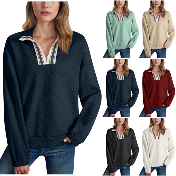 Weiqiqre Womens Blouses Casual Textured Sweatshirt Colorblock Striped Collar Quarter Zip Long Sleeve Pullover Tops